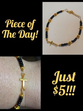Piece Of The Day! Black Beaded Cross Bracelet With Gold Accents